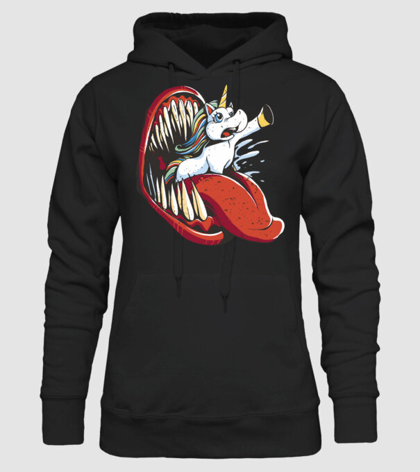 În gura monstrului Unicorn model negru pe tricou