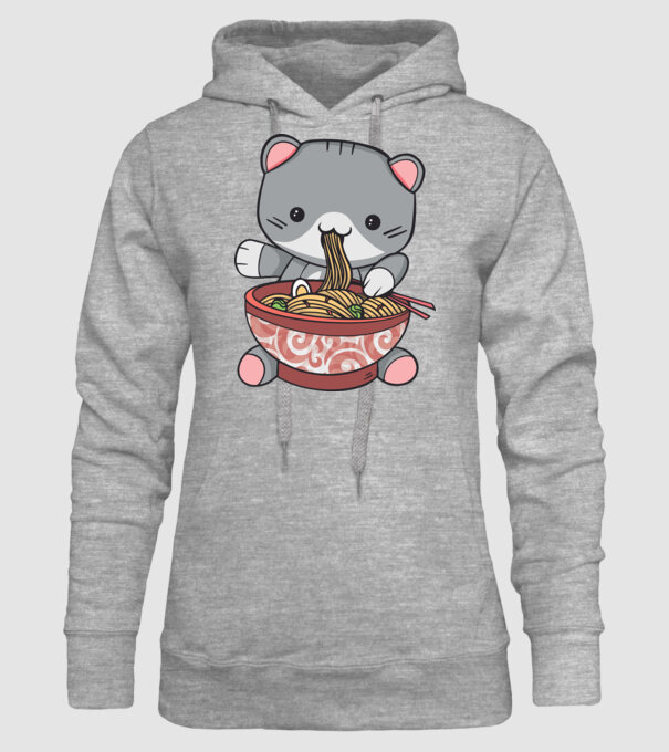 Pisică Kawaii Ramen model gri pe tricou