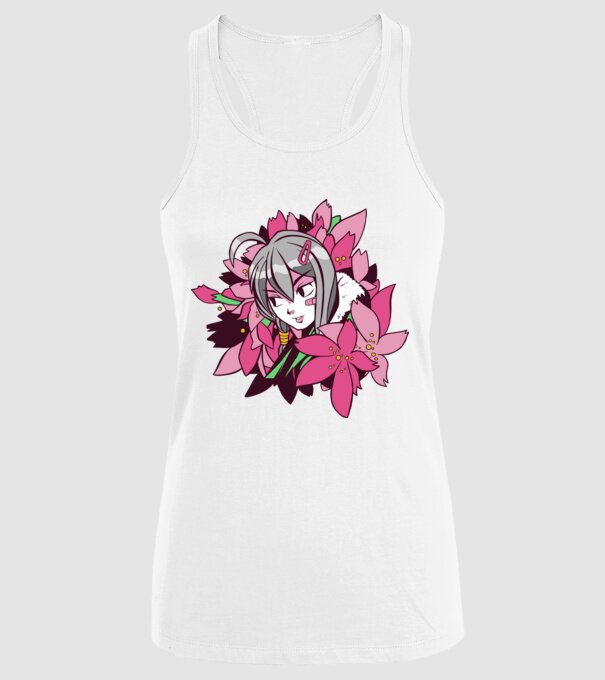 Anime fată printre flori model alb pe tricou