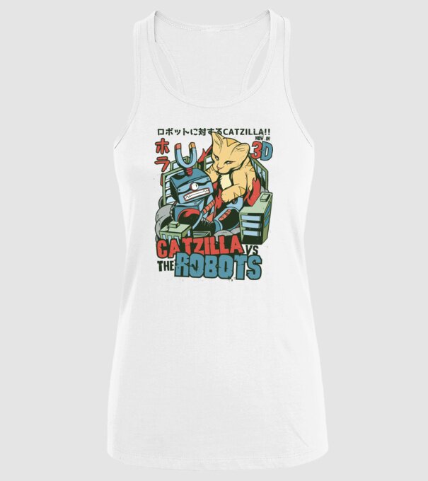 Catzilla Vs Robots model alb pe tricou