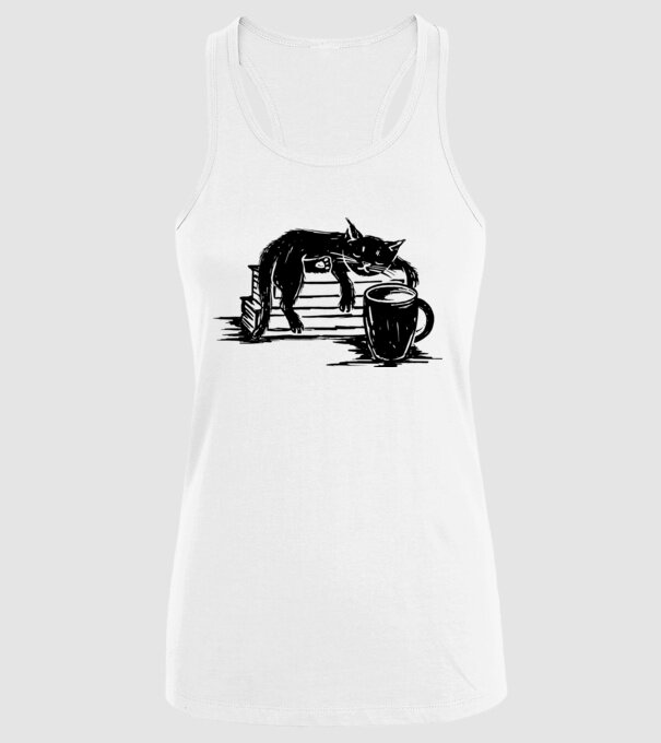 Pisică și cafea model alb pe tricou
