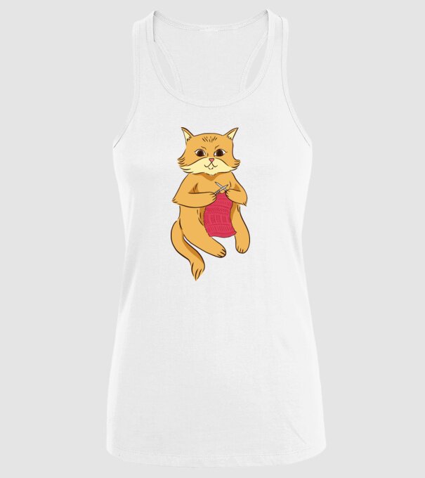 Pisică croșetând model alb pe tricou