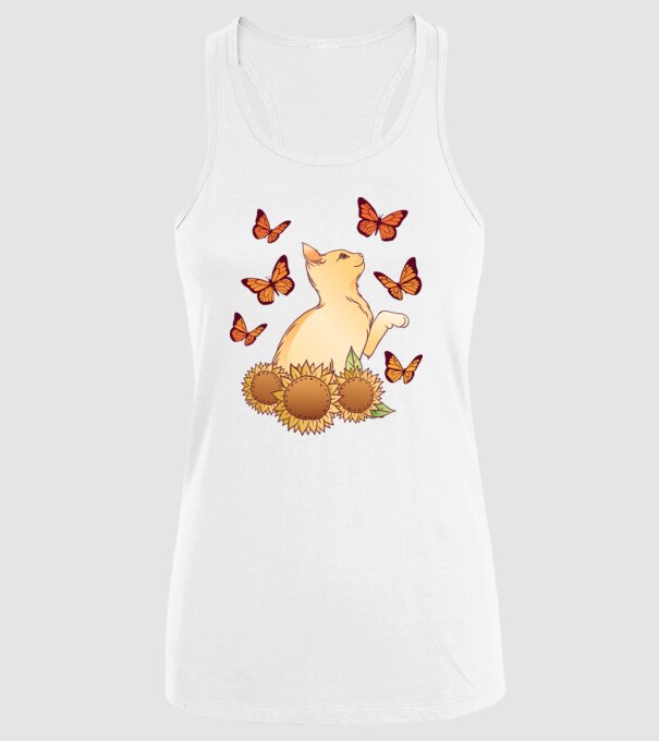 Pisică cu fluturi model alb pe tricou