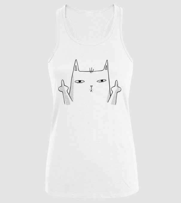 Pisică desen arată degetul model alb pe tricou