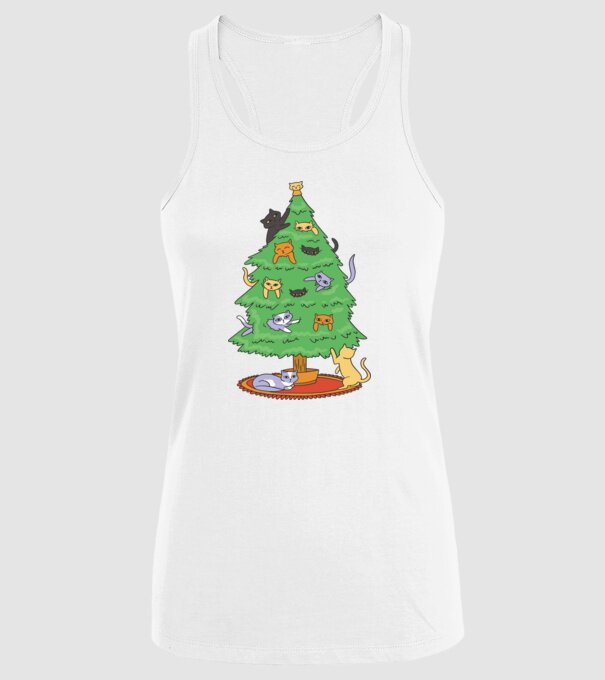 pom de Crăciun cu pisică model alb pe tricou