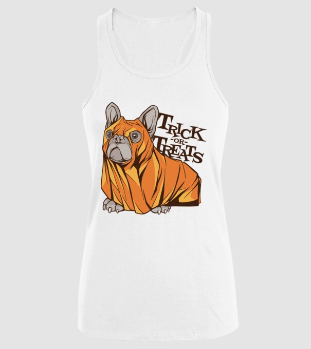 Trick or Treat Mops Halloween model alb pe tricou