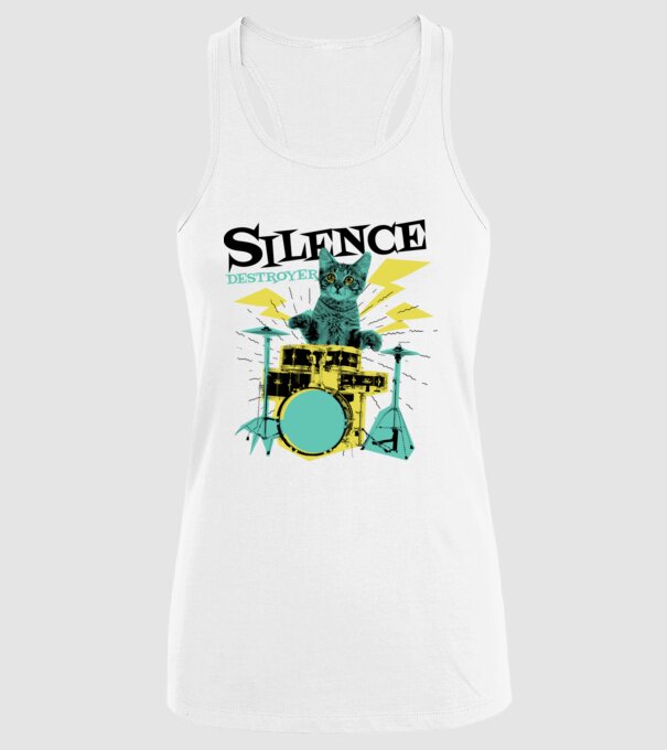 Pisică Baterist - Silence Destroyer model alb pe tricou