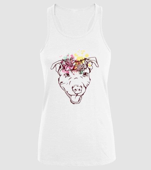 Floral Pitbull model alb pe tricou