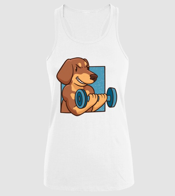Teckel body builder model alb pe tricou