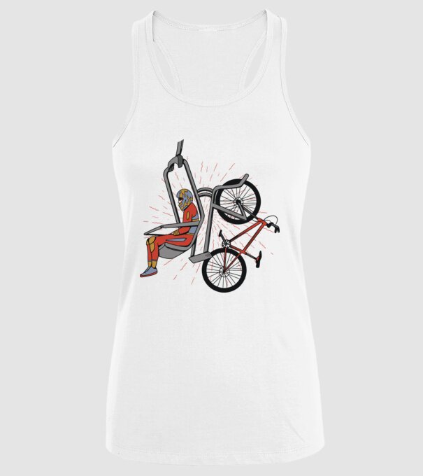 Biciclist montain bike pe teleferic model alb pe tricou