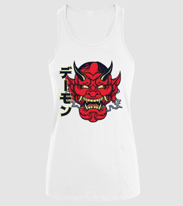 Mască demon chinez model alb pe tricou
