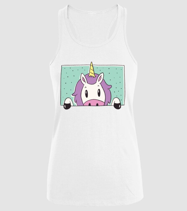 Unicorn curios model alb pe tricou