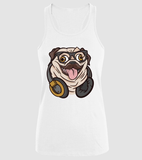 Mops cu căști model alb pe tricou