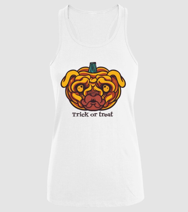 Mops cap de dovleac Halloween model alb pe tricou