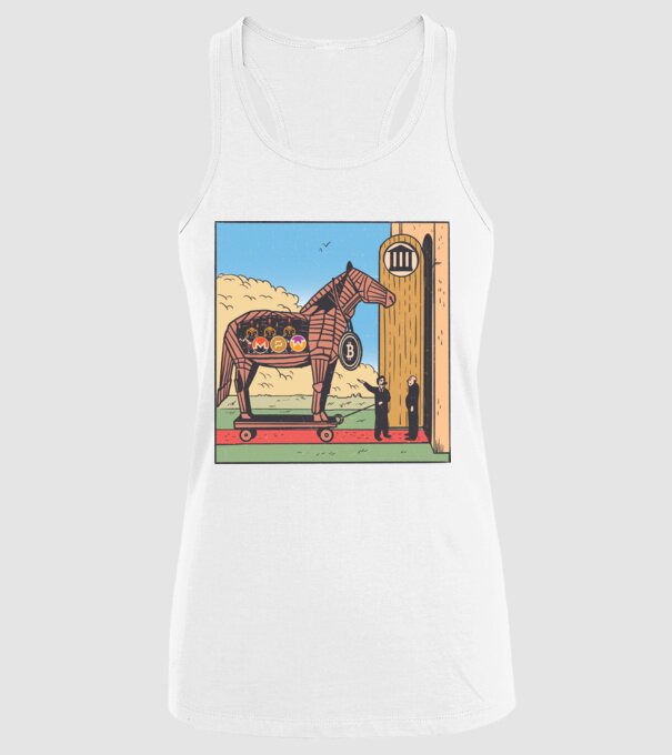Cal troian Bitcoin model alb pe tricou
