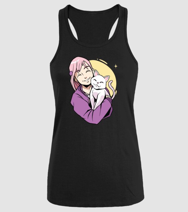 Anime fată cu pisică model negru pe tricou