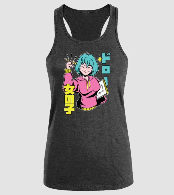 Anime fată desenând model negru pe tricou
