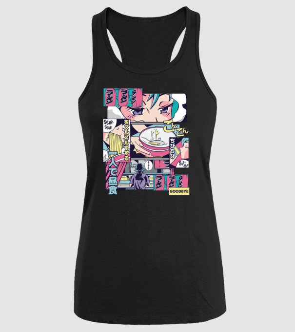 Anime Vaporwave Ramen model negru pe tricou