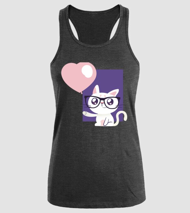 Inimă Pisică cu balon model negru pe tricou