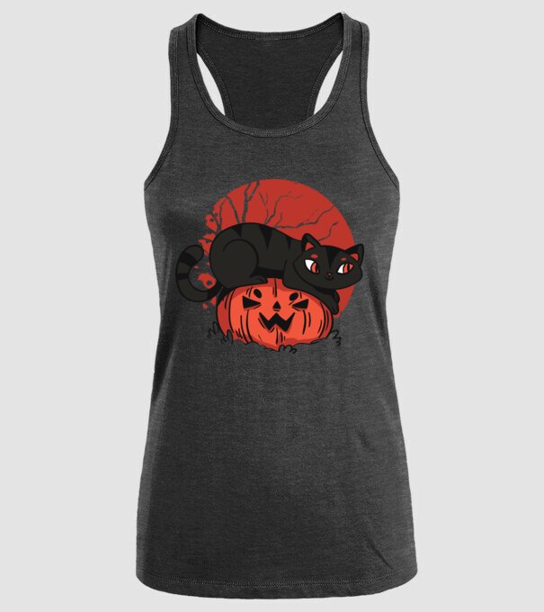 Pisică pe dovleac Halloween model negru pe tricou
