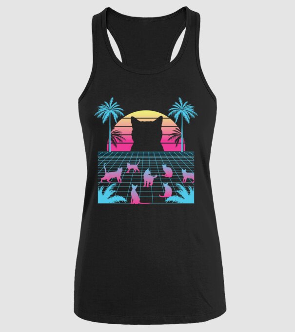 Pisică Vaporwave neon model negru pe tricou