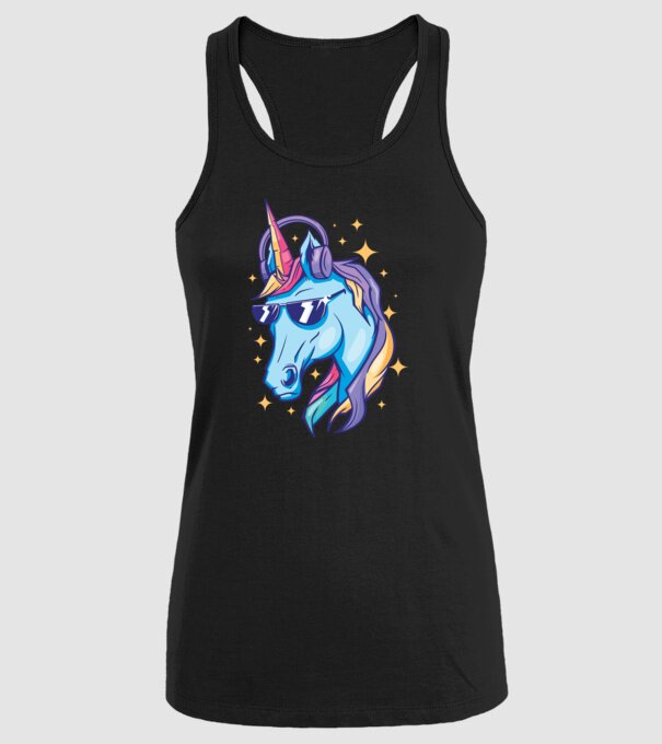 Unicorn strălucitor cu căști model negru pe tricou
