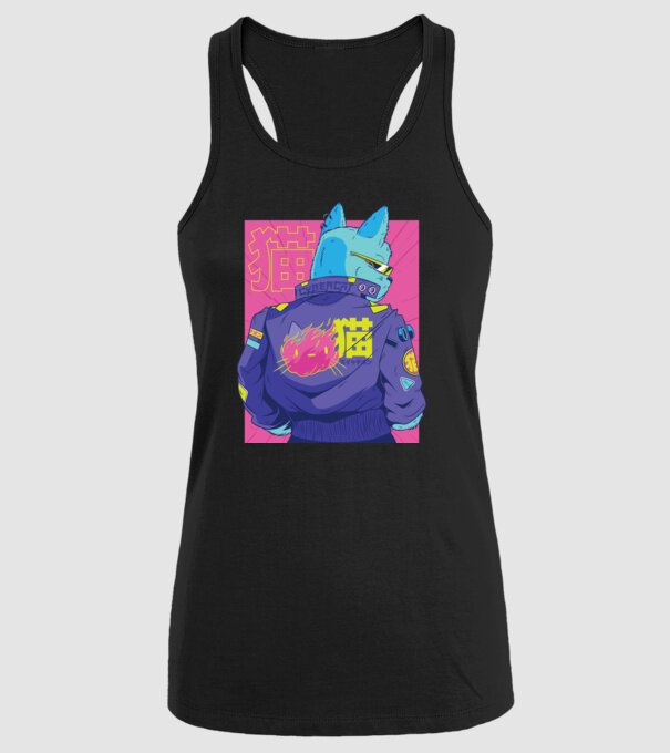 Pisică Cyberpunk model negru pe tricou