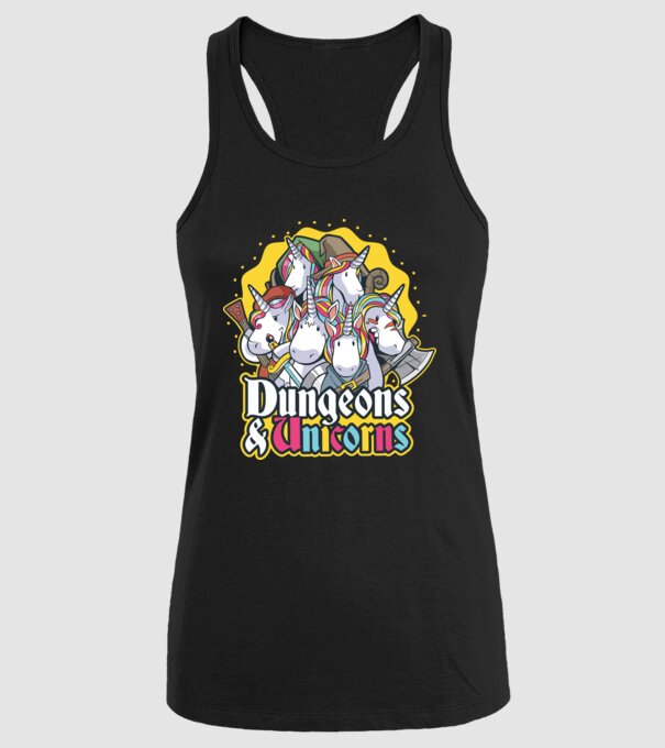 Dungeons and Unicorns model negru pe tricou