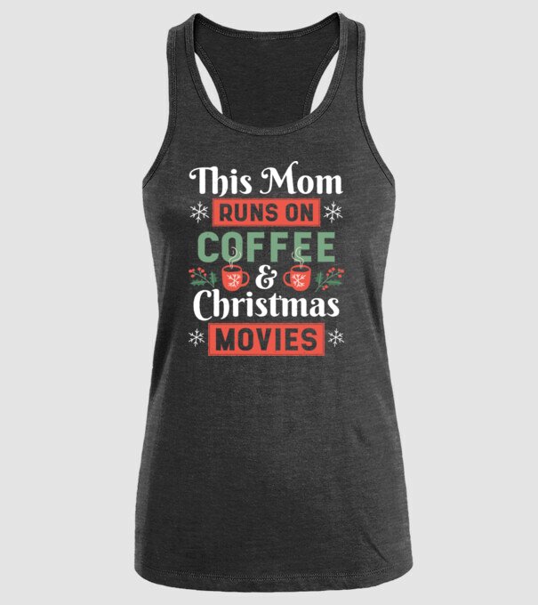 Această mamă funcționează cu cafea și filme de crăciun model negru pe tricou