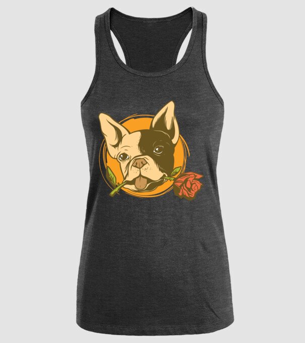 Bulldog francez cu trandafir model negru pe tricou