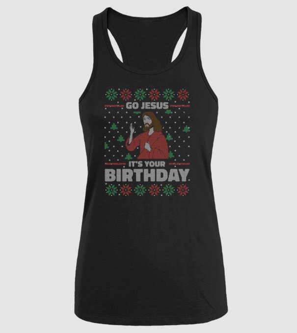 'Go Jesus, It''s Your Birthday Ugly Sweater' model negru pe tricou