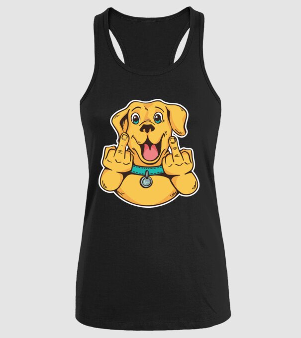 Golden Retriever arată degetul model negru pe tricou