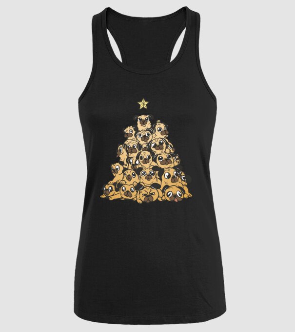 pom de Crăciun cu cățel (mops) model negru pe tricou