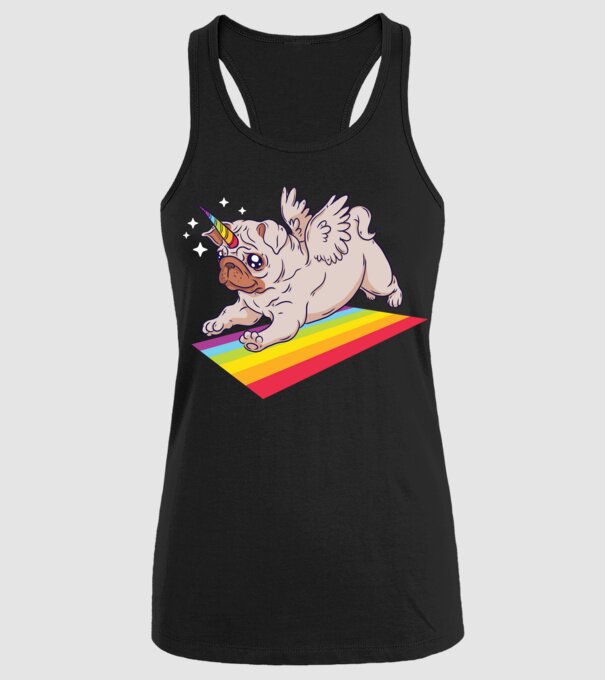 Pugicorn - mops unicorn model negru pe tricou