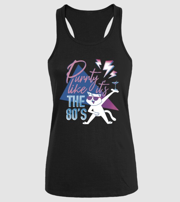 'Purrty Like it''s the 80''s' model negru pe tricou