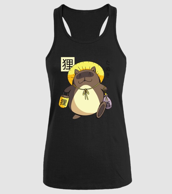 Tanuki Yokai model negru pe tricou