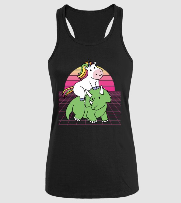Unicorn pe dinozaur retro model negru pe tricou