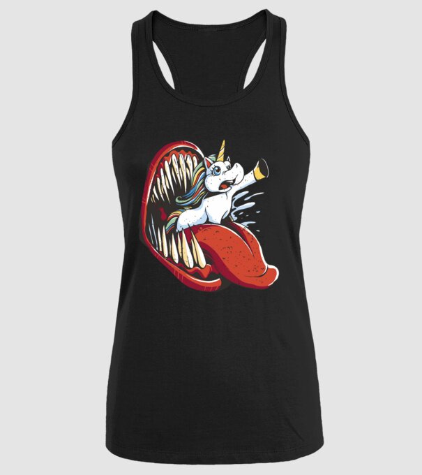 În gura monstrului Unicorn model negru pe tricou