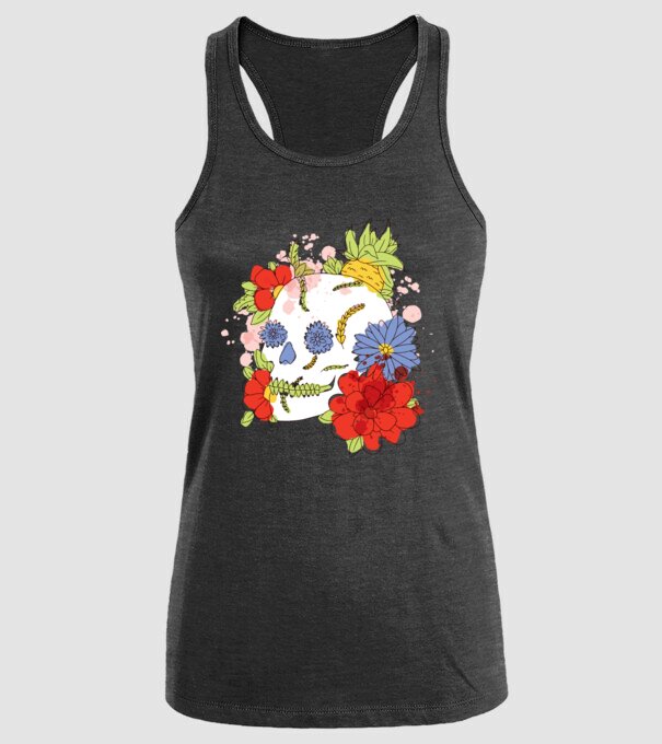 Craniu cu Flori model negru pe tricou
