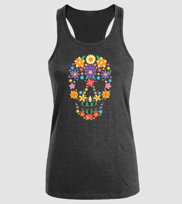 Craniu cu Flori model negru pe tricou