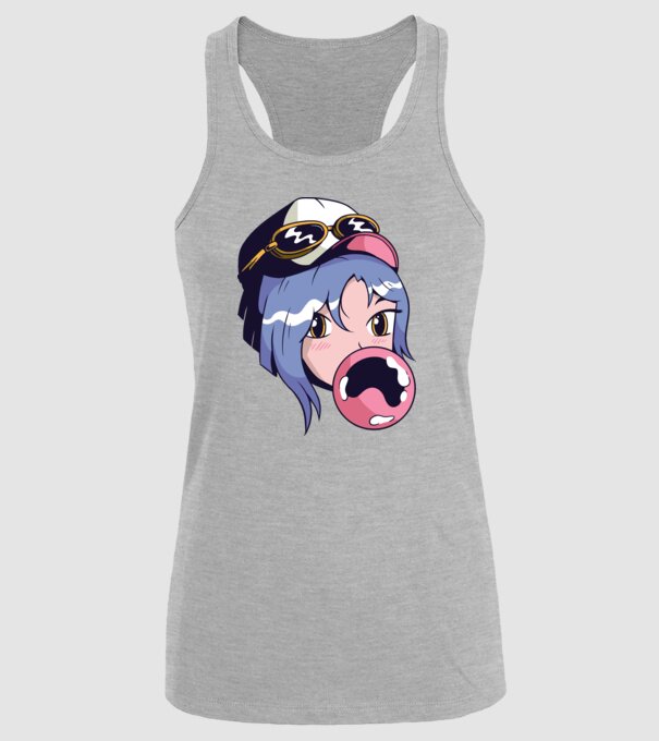 fată Anime cu gumă de mestecat model gri pe tricou