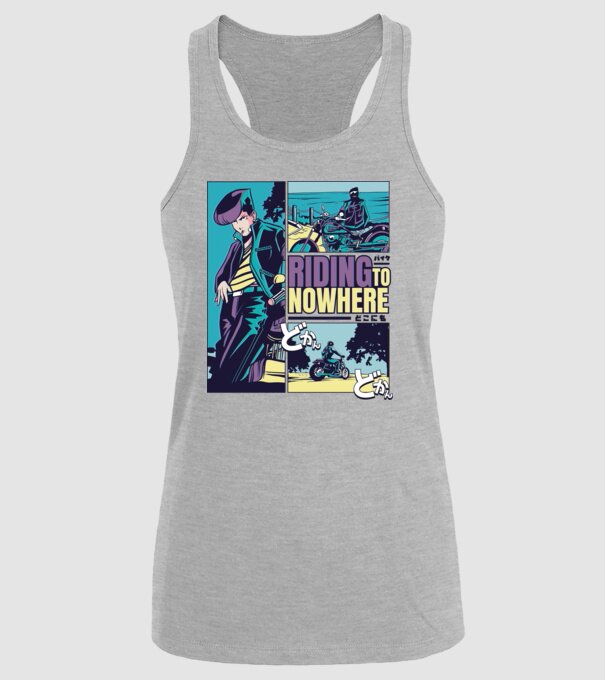 Anime Vaporwave Riding Nowhere model gri pe tricou