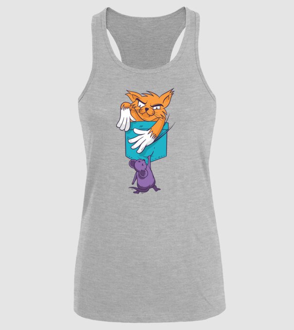 Pisică cu șoarece buzunar model gri pe tricou