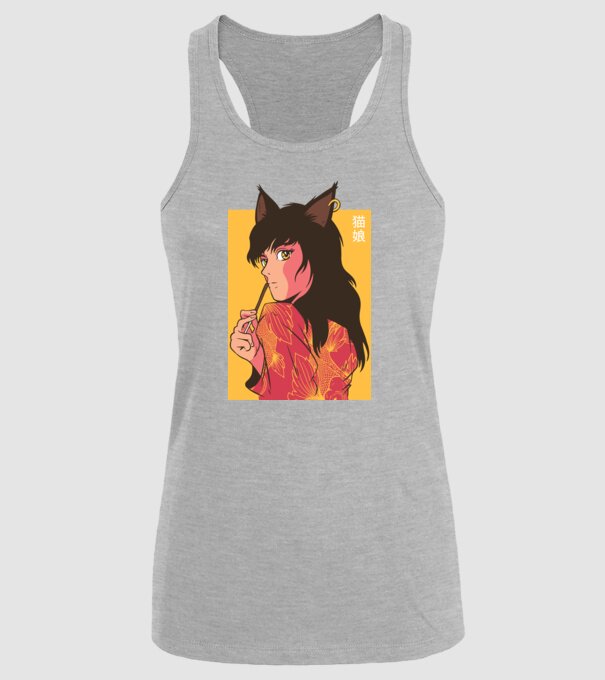 Pisică Fată Anime model gri pe tricou