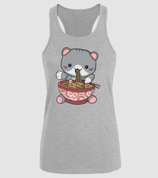 Pisică Kawaii Ramen model gri pe tricou