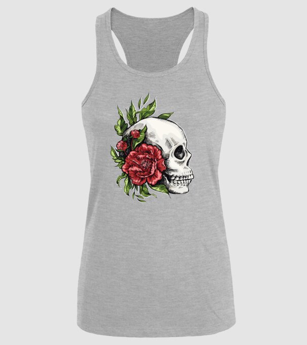 Trandafiri și craniu model gri pe tricou