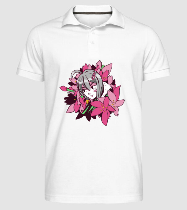 Anime fată printre flori model alb pe tricou