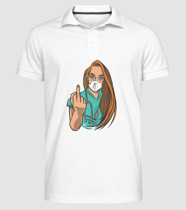 Asistentă medicală arată degetul model alb pe tricou