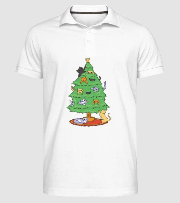 pom de Crăciun cu pisică model alb pe tricou