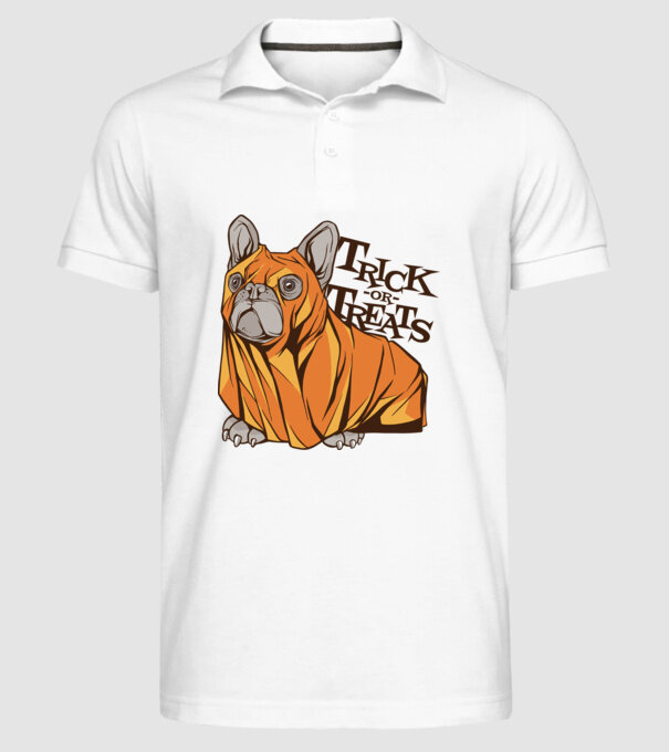 Trick or Treat Mops Halloween model alb pe tricou
